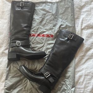 Prada Black Leather Buckle Boots